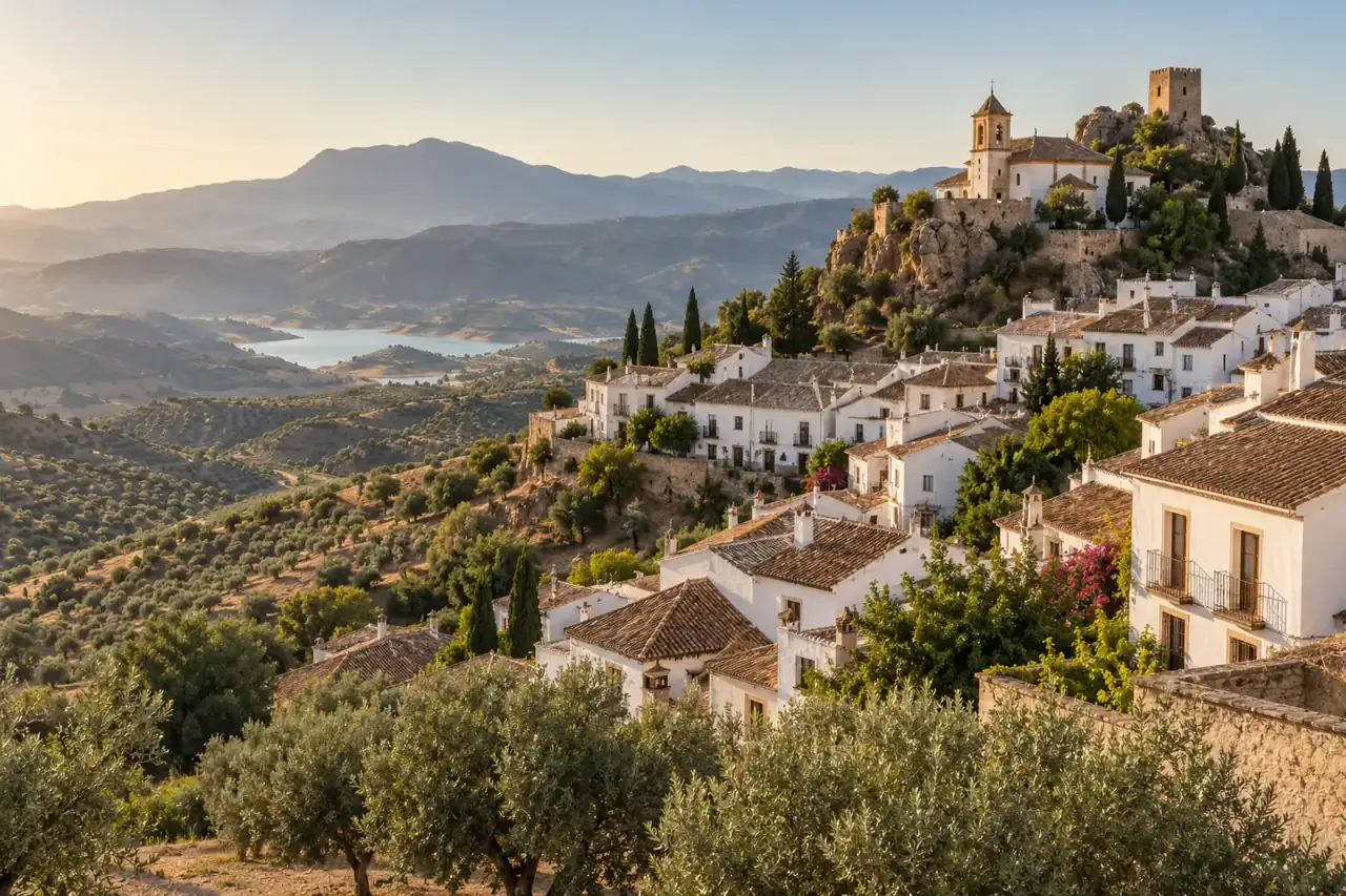 Generated scenic illustration of an Andalusian hillside village and olive groves