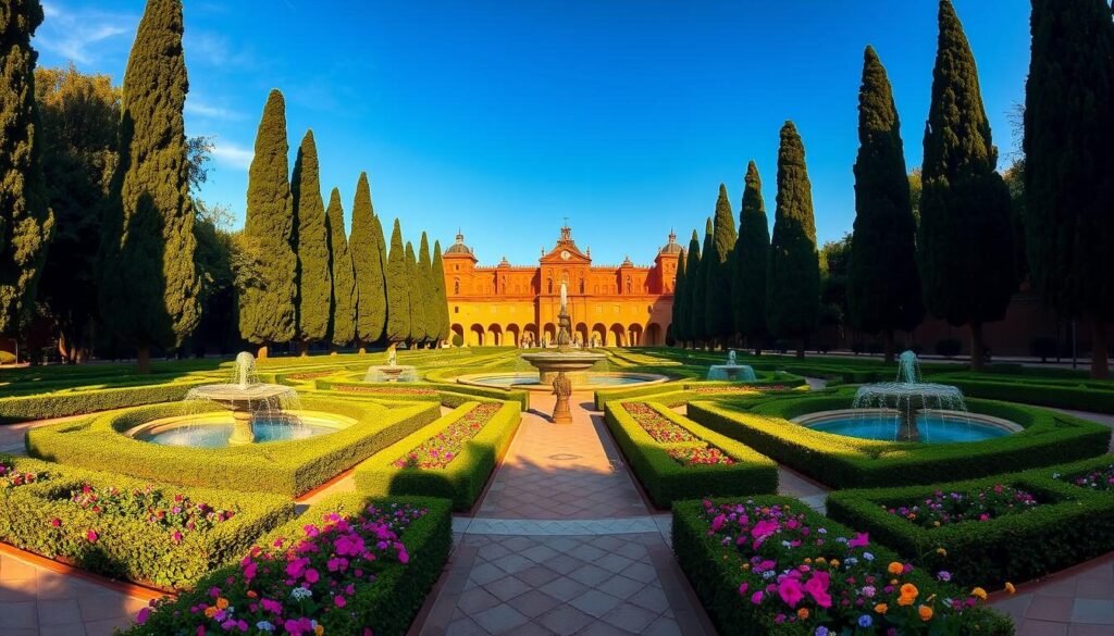 A breathtaking panorama of the iconic Real Alcázar gardens in Seville, Spain. The lush, manicured foliage and ornate fountains are bathed in warm, golden sunlight, casting intricate shadows across the intricate tile pathways. In the foreground, vibrant flowers bloom in perfectly symmetrical beds, their colors popping against the rich, terracotta architecture in the middle ground. Tall, cypress trees frame the scene, their elegant silhouettes reaching towards a cloudless, azure sky. The overall atmosphere radiates a timeless, regal elegance, transporting the viewer to a bygone era of Spanish grandeur and splendor.
