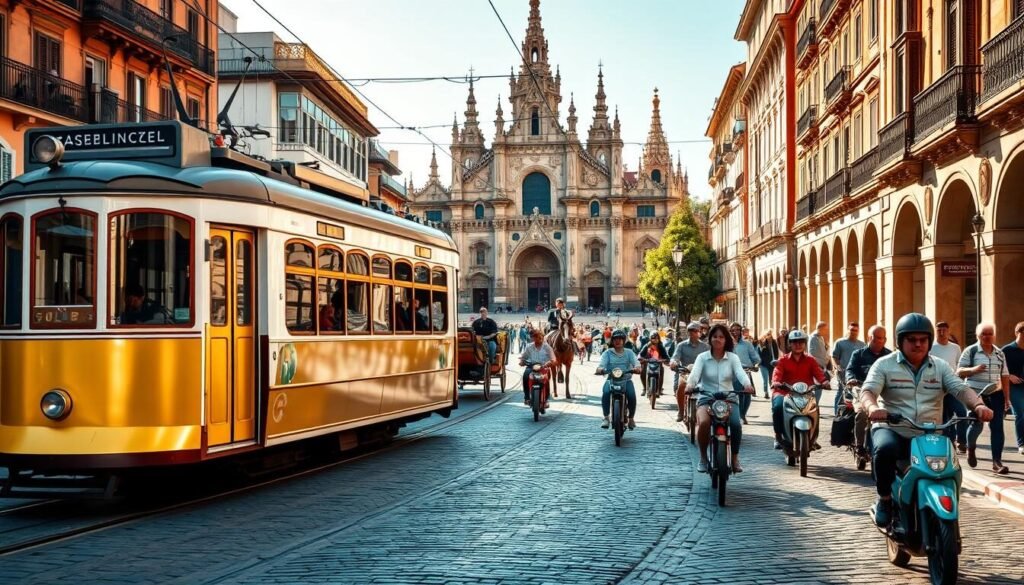 A bustling street scene in Seville, showcasing the city's diverse transportation options. In the foreground, a vintage tram glides effortlessly along the cobblestone roads, its polished chrome reflecting the warm Mediterranean sun. Surrounding it, a vibrant mix of bicycles, scooters, and pedestrians navigate the lively thoroughfare, weaving through the historical architecture. In the middle ground, a majestic horse-drawn carriage carries passengers, transporting them back in time. The background is framed by the iconic Seville Cathedral, its towering spires and intricate Gothic facade casting long shadows across the scene. The overall atmosphere is one of energetic motion and timeless charm, capturing the essence of navigating this captivating Spanish city. A bustling street scene in Seville, showcasing the city's diverse transportation options. In the foreground, a vintage tram glides effortlessly along the cobblestone roads, its polished chrome reflecting the warm Mediterranean sun. Surrounding it, a vibrant mix of bicycles, scooters, and pedestrians navigate the lively thoroughfare, weaving through the historical architecture. In the middle ground, a majestic horse-drawn carriage carries passengers, transporting them back in time. The background is framed by the iconic Seville Cathedral, its towering spires and intricate Gothic facade casting long shadows across the scene. The overall atmosphere is one of energetic motion and timeless charm, capturing the essence of navigating this captivating Spanish city.