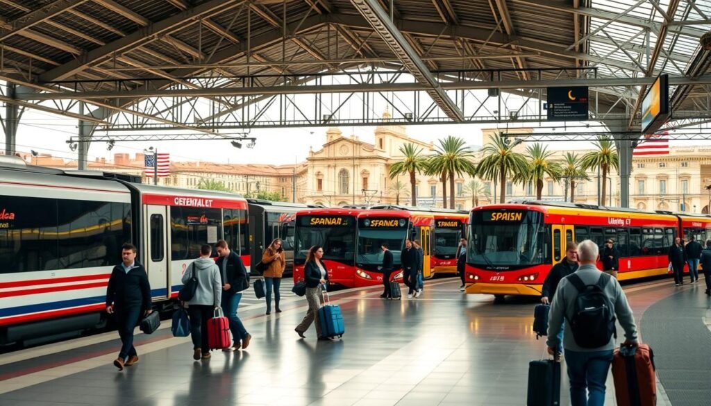 A bustling train station in the heart of Spain, with high-speed rail platforms and sleek, modern trains. In the foreground, a group of travelers with luggage navigates the concourse, reflecting the diverse transportation options available. The middle ground features a line of traditional Spanish city buses, their bright colors and unique designs catching the eye. In the background, a backdrop of historic architecture and palm trees sets the scene, evoking the vibrant, sun-drenched atmosphere of the country. Soft, diffused lighting casts a warm glow over the entire composition, creating a sense of welcoming and exploration. A bustling train station in the heart of Spain, with high-speed rail platforms and sleek, modern trains. In the foreground, a group of travelers with luggage navigates the concourse, reflecting the diverse transportation options available. The middle ground features a line of traditional Spanish city buses, their bright colors and unique designs catching the eye. In the background, a backdrop of historic architecture and palm trees sets the scene, evoking the vibrant, sun-drenched atmosphere of the country. Soft, diffused lighting casts a warm glow over the entire composition, creating a sense of welcoming and exploration.