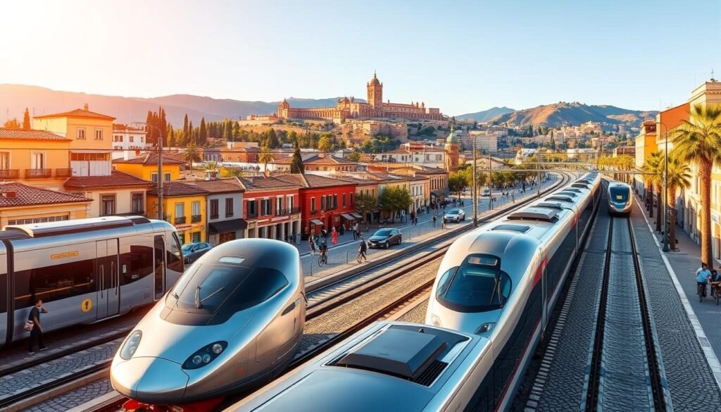 A bustling urban scene in Andalusia, Spain, showcasing a variety of transportation options. In the foreground, sleek high-speed trains and modern trams glide through the city, their smooth lines and shiny metallic surfaces catching the warm, golden light of the Mediterranean sun. In the middle ground, colorful traditional Andalusian architecture frames the transportation hub, with cobblestone streets bustling with pedestrians, cyclists, and the occasional vintage automobile. In the background, the iconic Moorish architecture of the Alhambra palace rises majestically, providing a stunning backdrop to the dynamic transportation network. The scene exudes a sense of efficiency, history, and cultural vibrancy, capturing the essence of travel in this captivating region of Spain. A bustling urban scene in Andalusia, Spain, showcasing a variety of transportation options. In the foreground, sleek high-speed trains and modern trams glide through the city, their smooth lines and shiny metallic surfaces catching the warm, golden light of the Mediterranean sun. In the middle ground, colorful traditional Andalusian architecture frames the transportation hub, with cobblestone streets bustling with pedestrians, cyclists, and the occasional vintage automobile. In the background, the iconic Moorish architecture of the Alhambra palace rises majestically, providing a stunning backdrop to the dynamic transportation network. The scene exudes a sense of efficiency, history, and cultural vibrancy, capturing the essence of travel in this captivating region of Spain.