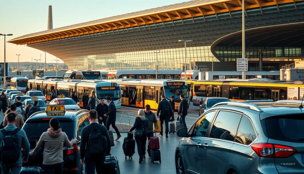 A busy Barcelona airport scene with various transportation options in the foreground and middle ground. In the foreground, travelers hustle through the terminal, dragging their luggage past sleek, modern taxi ranks and rideshare pickup areas. In the middle ground, city buses and metro trains depart from well-marked stations, their passengers boarding efficiently. In the background, the distinctive architecture of the airport terminal rises, its glass and steel façade reflecting the Catalan sun. Warm, golden lighting bathes the entire scene, creating a welcoming and efficient atmosphere for travelers arriving in Barcelona. A busy Barcelona airport scene with various transportation options in the foreground and middle ground. In the foreground, travelers hustle through the terminal, dragging their luggage past sleek, modern taxi ranks and rideshare pickup areas. In the middle ground, city buses and metro trains depart from well-marked stations, their passengers boarding efficiently. In the background, the distinctive architecture of the airport terminal rises, its glass and steel façade reflecting the Catalan sun. Warm, golden lighting bathes the entire scene, creating a welcoming and efficient atmosphere for travelers arriving in Barcelona.