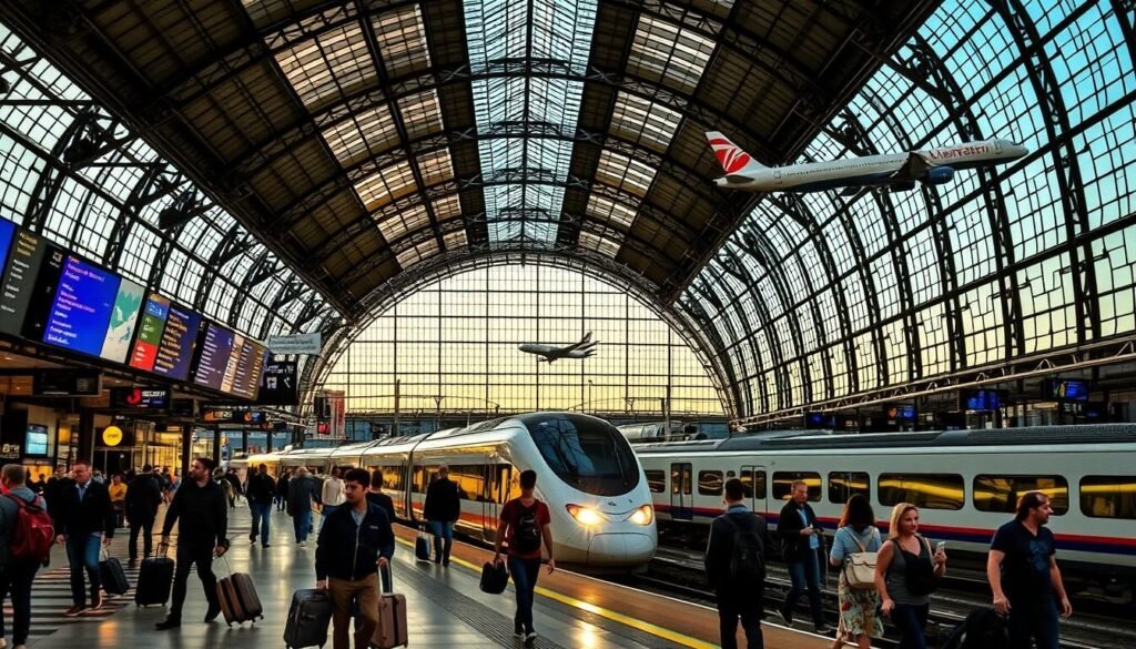 A busy Spanish train station at twilight, with a high-speed AVE train pulling into the platform. In the foreground, commuters hurry across the concourse, their suitcases and backpacks in hand. Overhead, the grand iron-and-glass ceiling casts a warm glow, while digital departure boards display arrivals and departures. In the background, a sleek Iberia Airlines jet takes off from the nearby airport, its engines roaring. The scene conveys the hustle and excitement of travel in Spain, blending modern transportation modes with the historic architecture of the station. A busy Spanish train station at twilight, with a high-speed AVE train pulling into the platform. In the foreground, commuters hurry across the concourse, their suitcases and backpacks in hand. Overhead, the grand iron-and-glass ceiling casts a warm glow, while digital departure boards display arrivals and departures. In the background, a sleek Iberia Airlines jet takes off from the nearby airport, its engines roaring. The scene conveys the hustle and excitement of travel in Spain, blending modern transportation modes with the historic architecture of the station.