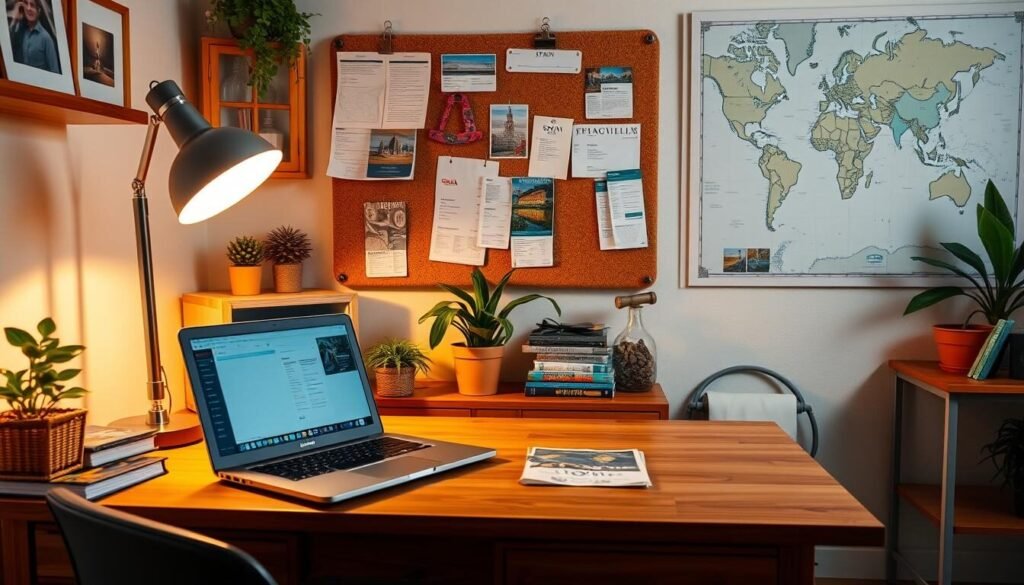 A cozy home office with a wooden desk, a laptop, and a stack of travel guides. Warm lighting from a desk lamp creates a soft, inviting atmosphere. In the background, a wall-mounted corkboard displays Spain travel itineraries, airline tickets, and hotel confirmations, hinting at the careful planning underway. Potted plants and framed art add personal touches, while a large world map on the wall suggests the broader context of a Spain trip in the making. The overall scene conveys a sense of organized preparation and excitement for an upcoming journey. A cozy home office with a wooden desk, a laptop, and a stack of travel guides. Warm lighting from a desk lamp creates a soft, inviting atmosphere. In the background, a wall-mounted corkboard displays Spain travel itineraries, airline tickets, and hotel confirmations, hinting at the careful planning underway. Potted plants and framed art add personal touches, while a large world map on the wall suggests the broader context of a Spain trip in the making. The overall scene conveys a sense of organized preparation and excitement for an upcoming journey.