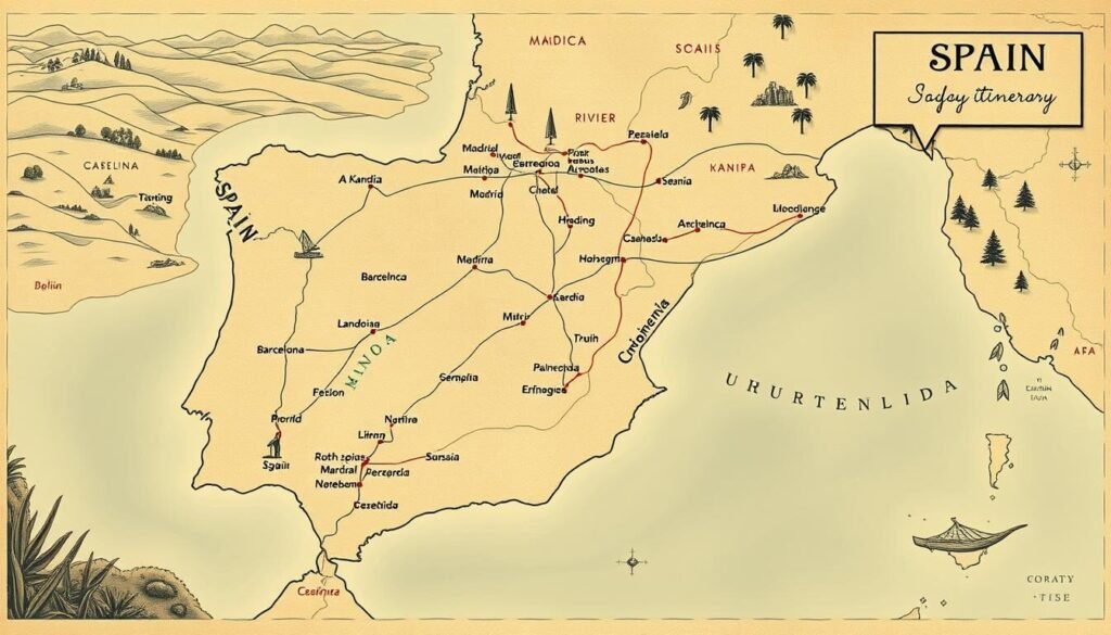 A detailed map of Spain showcasing a 10-day travel itinerary. The map is rendered in a vintage, hand-drawn style with delicate line work and muted earth-toned colors. It features the major cities, landmarks, and transportation routes travelers would follow on their journey, including Madrid, Barcelona, Seville, Granada, and the scenic coastal regions. The map is depicted against a backdrop of rolling hills, winding rivers, and lush Mediterranean foliage, creating a sense of depth and immersion. Subtle shadows and lighting effects enhance the tactile, artisanal quality of the illustration. The overall mood is one of exploration, adventure, and the enchanting allure of Spain's diverse landscapes and cultural richness. A detailed map of Spain showcasing a 10-day travel itinerary. The map is rendered in a vintage, hand-drawn style with delicate line work and muted earth-toned colors. It features the major cities, landmarks, and transportation routes travelers would follow on their journey, including Madrid, Barcelona, Seville, Granada, and the scenic coastal regions. The map is depicted against a backdrop of rolling hills, winding rivers, and lush Mediterranean foliage, creating a sense of depth and immersion. Subtle shadows and lighting effects enhance the tactile, artisanal quality of the illustration. The overall mood is one of exploration, adventure, and the enchanting allure of Spain's diverse landscapes and cultural richness.