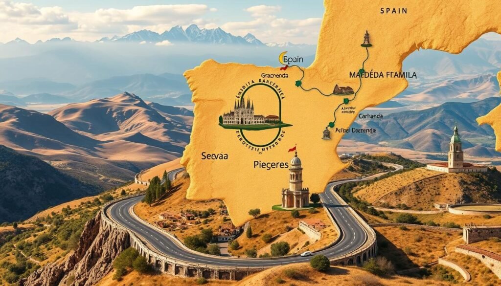 A detailed travel route map of Spain, showcasing the country's must-see destinations. In the foreground, a winding road weaves through the rugged Spanish landscape, dotted with iconic landmarks like the Sagrada Familia in Barcelona, the Alhambra in Granada, and the Alcázar of Segovia. The middle ground features rolling hills, olive groves, and quaint villages, capturing the essence of the Spanish countryside. In the background, the map is framed by the majestic Pyrenees mountains, creating a sense of scale and grandeur. The image is rendered in a warm, vibrant color palette, conveying the sunny, Mediterranean atmosphere of Spain. Crisp, high-resolution details and a cinematic, wide-angle perspective bring this comprehensive travel route map to life. A detailed travel route map of Spain, showcasing the country's must-see destinations. In the foreground, a winding road weaves through the rugged Spanish landscape, dotted with iconic landmarks like the Sagrada Familia in Barcelona, the Alhambra in Granada, and the Alcázar of Segovia. The middle ground features rolling hills, olive groves, and quaint villages, capturing the essence of the Spanish countryside. In the background, the map is framed by the majestic Pyrenees mountains, creating a sense of scale and grandeur. The image is rendered in a warm, vibrant color palette, conveying the sunny, Mediterranean atmosphere of Spain. Crisp, high-resolution details and a cinematic, wide-angle perspective bring this comprehensive travel route map to life.