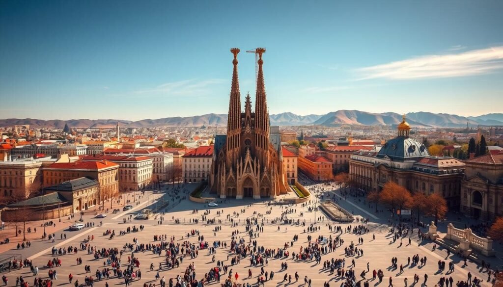A grand, panoramic view of the iconic Sagrada Familia cathedral in Barcelona, its intricate, otherworldly spires piercing the sky, surrounded by the vibrant, bustling cityscape of Madrid. In the foreground, a plaza teems with locals and tourists, capturing the energy and dynamism of these two captivating Spanish destinations. The middle ground showcases the stunning architecture of Madrid's historic landmarks, including the Royal Palace and Plaza Mayor, bathed in warm, golden light. In the distance, the rugged, sun-drenched hills of the Spanish countryside provide a dramatic backdrop, creating a harmonious blend of urban and natural elements. The entire scene is captured with a cinematic, wide-angle lens, conveying a sense of scale, depth, and immersion.