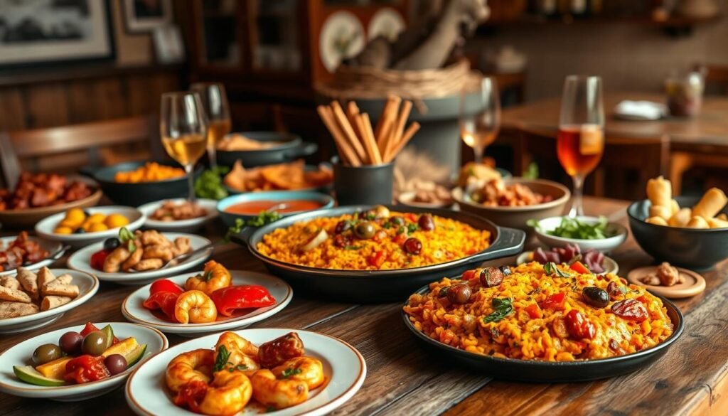 A lively Spanish tapas spread, showcasing an array of traditional dishes on a rustic wooden table. In the foreground, a steaming pan of saffron-infused paella takes center stage, surrounded by small plates brimming with olives, cured meats, roasted vegetables, and vibrant sauces. The middle ground features colorful, bite-sized tapas like patatas bravas, garlic shrimp, and stuffed peppers, inviting the viewer to savor the flavors of Spain. The background is softly lit, casting a warm, convivial atmosphere, as if captured in a cozy Madrid bistro. Crisp, high-resolution photography, with a shallow depth of field to highlight the tantalizing details. A lively Spanish tapas spread, showcasing an array of traditional dishes on a rustic wooden table. In the foreground, a steaming pan of saffron-infused paella takes center stage, surrounded by small plates brimming with olives, cured meats, roasted vegetables, and vibrant sauces. The middle ground features colorful, bite-sized tapas like patatas bravas, garlic shrimp, and stuffed peppers, inviting the viewer to savor the flavors of Spain. The background is softly lit, casting a warm, convivial atmosphere, as if captured in a cozy Madrid bistro. Crisp, high-resolution photography, with a shallow depth of field to highlight the tantalizing details.