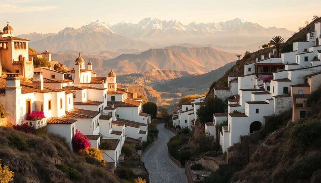 A picturesque hillside scene of the iconic Sacromonte cave houses in Granada, Spain. In the foreground, the distinctive whitewashed, troglodyte-style dwellings cling to the rugged, sun-drenched slopes, their charming facades and chimneys casting long shadows. The middle ground reveals a winding, cobblestone path leading through the neighborhood, surrounded by lush vegetation and the occasional splash of vibrant bougainvillea. In the background, the majestic, snow-capped peaks of the Sierra Nevada mountains rise majestically, creating a breathtaking natural backdrop. The image is bathed in warm, golden sunlight, conveying a timeless, tranquil atmosphere that evokes the rich history and traditional way of life in this unique and picturesque corner of Granada.