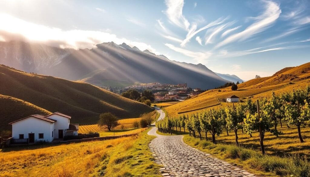 A picturesque rural landscape in the Basque Country and Andalucía regions of Spain. In the foreground, rolling hills dotted with traditional whitewashed farmhouses and lush vineyards. In the middle ground, a winding cobblestone path leads towards a charming village nestled between towering mountains. The background is dominated by rugged, snow-capped peaks casting long shadows over the scene. Warm, golden sunlight filters through wispy clouds, creating a serene and inviting atmosphere. The image is captured with a wide-angle lens to showcase the breathtaking vistas and convey a sense of exploration and discovery. A picturesque rural landscape in the Basque Country and Andalucía regions of Spain. In the foreground, rolling hills dotted with traditional whitewashed farmhouses and lush vineyards. In the middle ground, a winding cobblestone path leads towards a charming village nestled between towering mountains. The background is dominated by rugged, snow-capped peaks casting long shadows over the scene. Warm, golden sunlight filters through wispy clouds, creating a serene and inviting atmosphere. The image is captured with a wide-angle lens to showcase the breathtaking vistas and convey a sense of exploration and discovery.