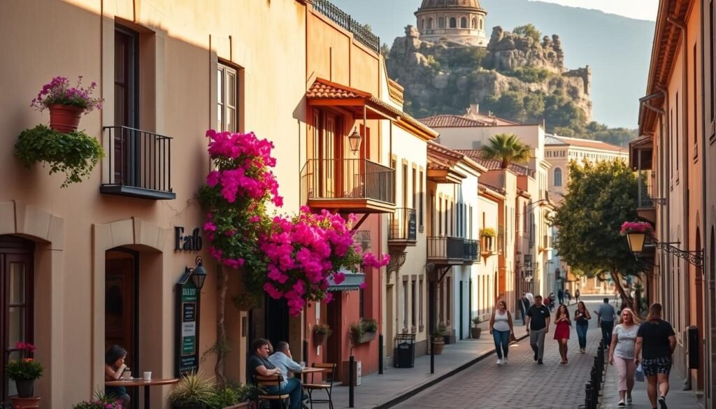 A picturesque street in Santa Cruz, the historic heart of the city, bathed in warm, golden afternoon light. Charming, low-rise adobe buildings line the narrow, cobblestone road, their terracotta roofs and ornate balconies casting soft shadows. Potted plants and vibrant bougainvillea spill from windowsills, adding pops of color. In the foreground, a quaint, family-owned café bustles with locals sipping coffee and conversing. Further down the street, pedestrians stroll leisurely, immersed in the area's tranquil, unhurried pace and timeless ambiance. A picturesque street in Santa Cruz, the historic heart of the city, bathed in warm, golden afternoon light. Charming, low-rise adobe buildings line the narrow, cobblestone road, their terracotta roofs and ornate balconies casting soft shadows. Potted plants and vibrant bougainvillea spill from windowsills, adding pops of color. In the foreground, a quaint, family-owned café bustles with locals sipping coffee and conversing. Further down the street, pedestrians stroll leisurely, immersed in the area's tranquil, unhurried pace and timeless ambiance.