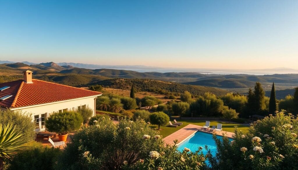 A serene Mallorcan villa nestled amidst lush, verdant gardens, its terracotta roof tiles glowing warmly under the Mediterranean sun. In the foreground, a inviting pool surrounded by lounge chairs, beckoning for a refreshing dip. Beyond, rolling hills dotted with olive groves and vineyards stretch out toward the distant horizon, hazy blue mountains silhouetted against the sky. The scene exudes a sense of tranquility and relaxation, capturing the essence of the Mallorca travel experience. Soft, diffused lighting casts a golden glow, creating a welcoming, dream-like atmosphere. A wide-angle lens showcases the property's expansive, picturesque setting, perfectly suited for a memorable island getaway. A serene Mallorcan villa nestled amidst lush, verdant gardens, its terracotta roof tiles glowing warmly under the Mediterranean sun. In the foreground, a inviting pool surrounded by lounge chairs, beckoning for a refreshing dip. Beyond, rolling hills dotted with olive groves and vineyards stretch out toward the distant horizon, hazy blue mountains silhouetted against the sky. The scene exudes a sense of tranquility and relaxation, capturing the essence of the Mallorca travel experience. Soft, diffused lighting casts a golden glow, creating a welcoming, dream-like atmosphere. A wide-angle lens showcases the property's expansive, picturesque setting, perfectly suited for a memorable island getaway.