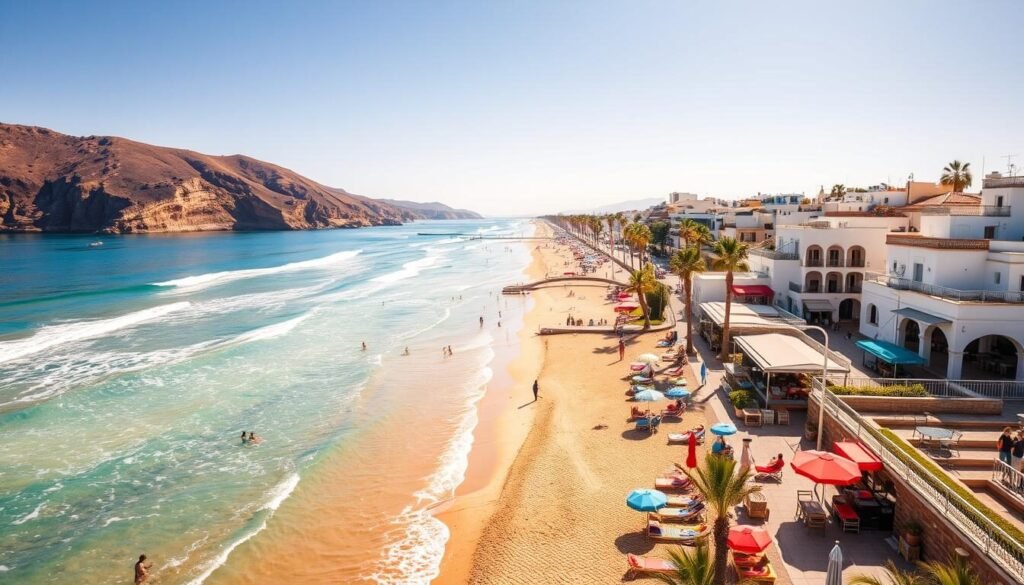 A sun-drenched seaside paradise, Costa del Sol beaches stretch along the sparkling Andalusian coastline. Capture the essence of this idyllic destination with a wide-angle shot showcasing the golden sands, gently lapping waves, and backdrop of rugged cliffs. Bask in the warm Mediterranean light as it dances across the scene, accentuating the vibrant colors of the umbrellas, beach towels, and sun-kissed beachgoers. In the middle ground, a bustling promenade lined with charming cafes and seaside restaurants invites exploration. In the distance, the silhouettes of white-washed buildings and swaying palm trees evoke the region's distinctive Moorish-influenced architecture. Exude a sense of relaxation, leisure, and the quintessential Spanish coastal lifestyle.