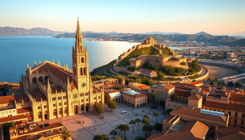 A sweeping vista of Mallorca's iconic cultural landmarks, captured in a warm, golden light. In the foreground, the towering Cathedral of Palma de Mallorca stands proud, its Gothic architecture casting intricate shadows across the bustling plaza. In the middle ground, the historic Castell de Bellver, a well-preserved 14th-century fortress, overlooks the shimmering Mediterranean Sea. In the distance, the rolling hills and olive groves of the island's interior provide a serene backdrop, with the occasional whitewashed village peeking through. The scene exudes a sense of timeless elegance and the rich tapestry of Mallorca's centuries-old history. A sweeping vista of Mallorca's iconic cultural landmarks, captured in a warm, golden light. In the foreground, the towering Cathedral of Palma de Mallorca stands proud, its Gothic architecture casting intricate shadows across the bustling plaza. In the middle ground, the historic Castell de Bellver, a well-preserved 14th-century fortress, overlooks the shimmering Mediterranean Sea. In the distance, the rolling hills and olive groves of the island's interior provide a serene backdrop, with the occasional whitewashed village peeking through. The scene exudes a sense of timeless elegance and the rich tapestry of Mallorca's centuries-old history.