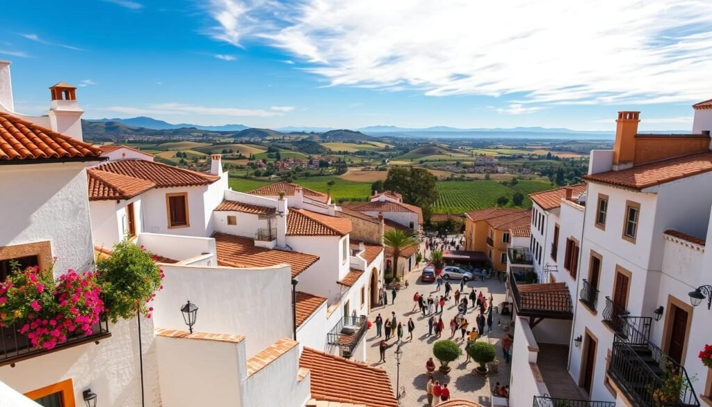A vibrant landscape of southern Spain's diverse cultural regions, captured with a wide-angle lens and natural lighting. In the foreground, whitewashed buildings with terracotta roofs and flower-adorned balconies, characteristic of Andalusian architecture. In the middle ground, a bustling town square with locals engaging in lively conversations and traditional activities. The background showcases the rolling hills, olive groves, and vineyards that define the region's agricultural heritage, set against a backdrop of azure skies and distant mountains. The scene exudes a warm, Mediterranean atmosphere, inviting the viewer to immerse themselves in the rich tapestry of Spanish cultural traditions. A vibrant landscape of southern Spain's diverse cultural regions, captured with a wide-angle lens and natural lighting. In the foreground, whitewashed buildings with terracotta roofs and flower-adorned balconies, characteristic of Andalusian architecture. In the middle ground, a bustling town square with locals engaging in lively conversations and traditional activities. The background showcases the rolling hills, olive groves, and vineyards that define the region's agricultural heritage, set against a backdrop of azure skies and distant mountains. The scene exudes a warm, Mediterranean atmosphere, inviting the viewer to immerse themselves in the rich tapestry of Spanish cultural traditions.