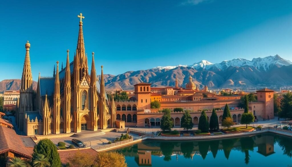 A vibrant panoramic scene showcasing Spain's top travel destinations. In the foreground, the iconic Sagrada Familia in Barcelona, its intricate architecture bathed in warm, golden light. In the middle ground, the stunning Alhambra palace in Granada, its reddish-brown walls and grand arches reflected in a tranquil pool. In the background, the rugged Pyrenees mountains provide a dramatic, snow-capped backdrop. The image conveys a sense of wonder, history, and the natural beauty that make Spain a premier tourist destination. Captured with a wide-angle lens, the scene is evocative and immersive, inviting the viewer to explore this captivating country.