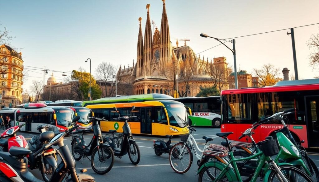 A vibrant scene of Barcelona's diverse transport options, captured with a wide-angle lens and warm, natural lighting. In the foreground, a bustling city street showcases an array of modern electric scooters, sleek bicycles, and iconic Gaudi-inspired trams. The middle ground features a mix of traditional and hybrid buses, their bright colors and efficient designs reflecting the city's commitment to sustainable mobility. In the background, the iconic silhouette of Sagrada Familia rises majestically, providing a stunning architectural backdrop to the dynamic transportation landscape. The overall atmosphere conveys the energy, accessibility, and environmental consciousness that define Barcelona's innovative approach to urban mobility. A vibrant scene of Barcelona's diverse transport options, captured with a wide-angle lens and warm, natural lighting. In the foreground, a bustling city street showcases an array of modern electric scooters, sleek bicycles, and iconic Gaudi-inspired trams. The middle ground features a mix of traditional and hybrid buses, their bright colors and efficient designs reflecting the city's commitment to sustainable mobility. In the background, the iconic silhouette of Sagrada Familia rises majestically, providing a stunning architectural backdrop to the dynamic transportation landscape. The overall atmosphere conveys the energy, accessibility, and environmental consciousness that define Barcelona's innovative approach to urban mobility.