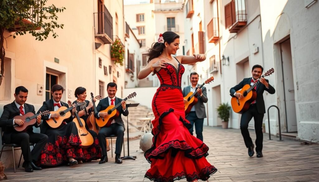 A vibrant scene of flamenco cultural traditions in Andalusia, Spain. In the foreground, a passionate flamenco dancer, dressed in a flowing red and black dress, performs with intense emotion, her arms and feet moving with rhythmic precision. In the middle ground, a group of musicians play traditional Spanish guitars, cajóns, and castanets, their faces alight with joy and focus. The background features the iconic white-washed buildings and narrow streets of an Andalusian town, bathed in warm, golden late-afternoon light. The overall atmosphere is one of rich cultural heritage, fiery passion, and joyful celebration. A vibrant scene of flamenco cultural traditions in Andalusia, Spain. In the foreground, a passionate flamenco dancer, dressed in a flowing red and black dress, performs with intense emotion, her arms and feet moving with rhythmic precision. In the middle ground, a group of musicians play traditional Spanish guitars, cajóns, and castanets, their faces alight with joy and focus. The background features the iconic white-washed buildings and narrow streets of an Andalusian town, bathed in warm, golden late-afternoon light. The overall atmosphere is one of rich cultural heritage, fiery passion, and joyful celebration.