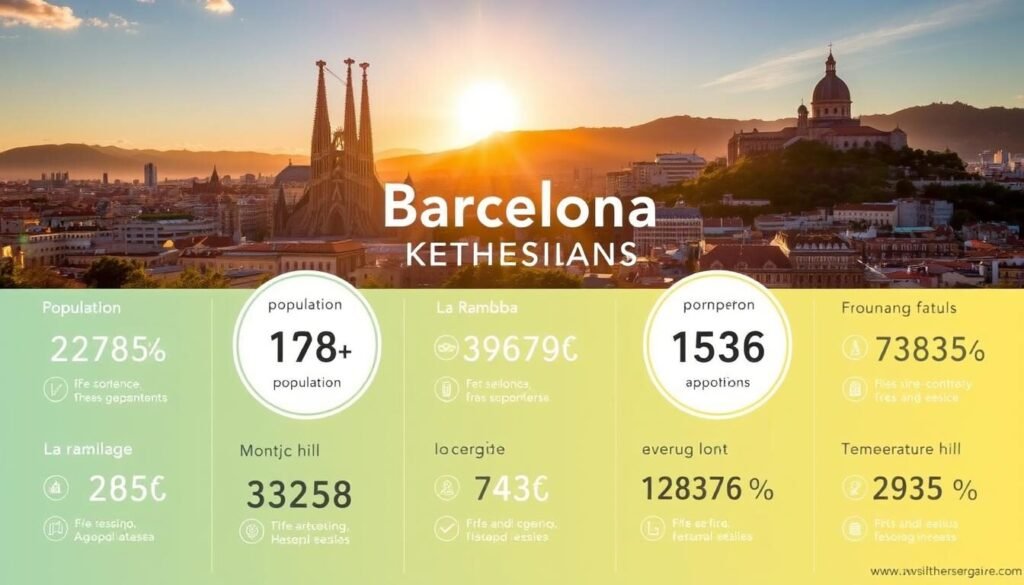 Barcelona key facts overview: a vibrant cityscape bathed in warm Mediterranean sunlight, with iconic landmarks like the Sagrada Familia cathedral, La Rambla promenade, and Montjuïc hill in the background. In the foreground, a stylized infographic displays key statistics about the city's population, tourism numbers, average temperature, and other vital information. The design is sleek and modern, with clean typography and strategic use of color to make the data easy to digest. The overall atmosphere is one of excitement and discovery, inviting the viewer to explore this dynamic and historic Spanish destination. Barcelona key facts overview: a vibrant cityscape bathed in warm Mediterranean sunlight, with iconic landmarks like the Sagrada Familia cathedral, La Rambla promenade, and Montjuïc hill in the background. In the foreground, a stylized infographic displays key statistics about the city's population, tourism numbers, average temperature, and other vital information. The design is sleek and modern, with clean typography and strategic use of color to make the data easy to digest. The overall atmosphere is one of excitement and discovery, inviting the viewer to explore this dynamic and historic Spanish destination.