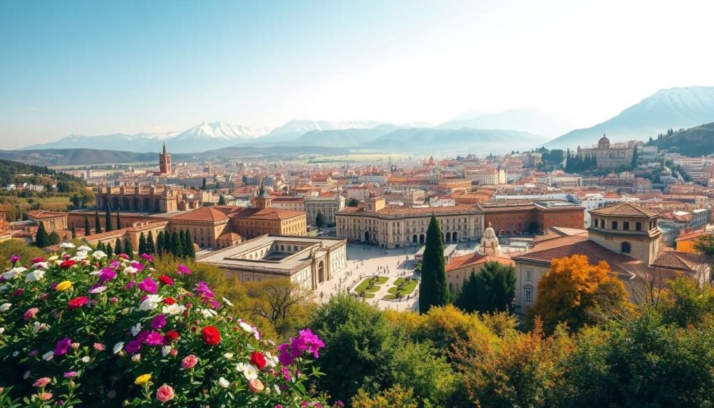 Verdant landscapes, sun-dappled plazas, and vibrant cityscapes come together in a timeless portrait of Spain's seasons. In the foreground, blooming flowers and lush greenery capture the essence of spring's rejuvenation. The middle ground showcases the warm, golden hues of summer, with bustling marketplaces and historic architecture. In the distance, a snow-capped mountain range signals the crisp, invigorating chill of winter, while the warm, earthy tones of autumn dot the scene. Soft, diffused lighting casts a nostalgic glow, evoking a sense of timeless wonder. This comprehensive vista invites the viewer to explore Spain's diverse landscapes and embrace the unique charm of each season.