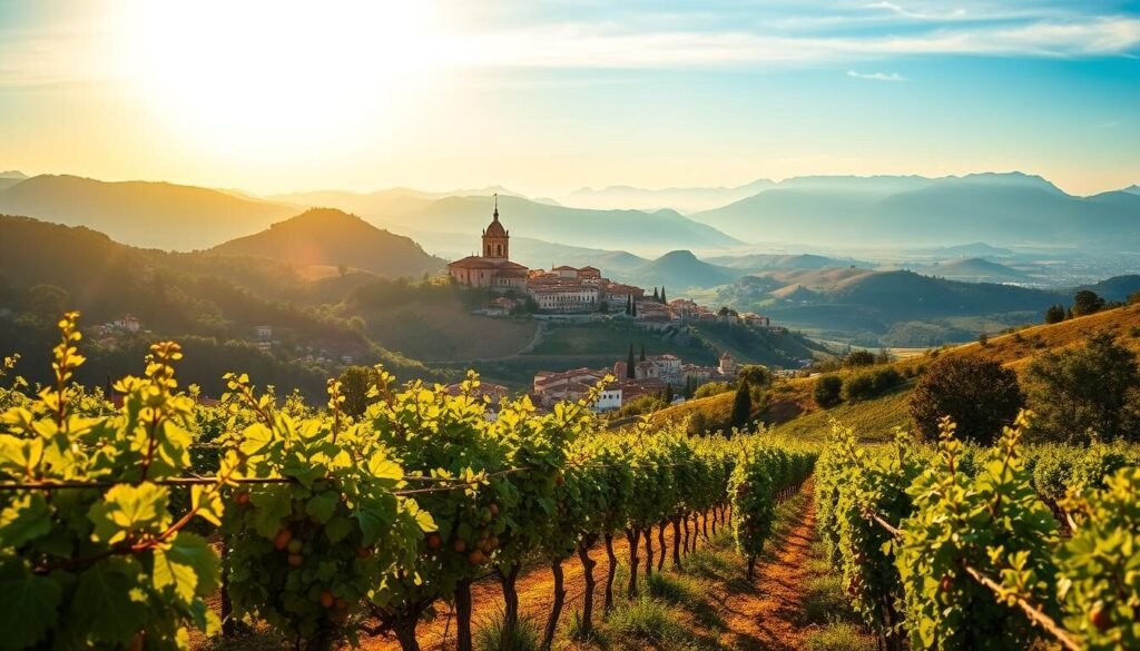 Vibrant landscape showcasing the seasonal allure of Spain. Foreground features a lush vineyard, its rows of grapevines bursting with ripe fruit under a warm, golden sun. In the middle ground, a charming town nestled among rolling hills, its terracotta rooftops and whitewashed walls bathed in soft, diffused light. The background panorama reveals majestic mountains, their peaks capped with snow, creating a breathtaking contrast. Diffused lighting lends a sense of tranquility, while a soft, hazy atmosphere evokes the Mediterranean ambiance. The overall scene captures the essence of Spain's diverse beauty throughout the seasons, inviting the viewer to explore its captivating landscapes. Vibrant landscape showcasing the seasonal allure of Spain. Foreground features a lush vineyard, its rows of grapevines bursting with ripe fruit under a warm, golden sun. In the middle ground, a charming town nestled among rolling hills, its terracotta rooftops and whitewashed walls bathed in soft, diffused light. The background panorama reveals majestic mountains, their peaks capped with snow, creating a breathtaking contrast. Diffused lighting lends a sense of tranquility, while a soft, hazy atmosphere evokes the Mediterranean ambiance. The overall scene captures the essence of Spain's diverse beauty throughout the seasons, inviting the viewer to explore its captivating landscapes.