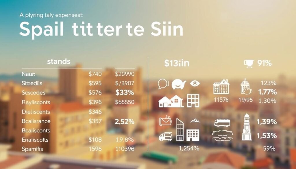 a detailed infographic showcasing the daily expenses breakdown for a trip to Spain, including food, transportation, and accommodation costs. set against a warm, sunny backdrop with a minimalist, data-driven design. the foreground features neatly organized cost categories and percentages, presented in a clean, legible manner. the middle ground depicts stylized icons and illustrations representing the various expense items, such as meals, public transit, and hotel stays. the background features a blurred cityscape or landscape, evoking the vibrant atmosphere of spain. the overall tone is informative, visually striking, and optimized for easy comprehension by the viewer. a detailed infographic showcasing the daily expenses breakdown for a trip to Spain, including food, transportation, and accommodation costs. set against a warm, sunny backdrop with a minimalist, data-driven design. the foreground features neatly organized cost categories and percentages, presented in a clean, legible manner. the middle ground depicts stylized icons and illustrations representing the various expense items, such as meals, public transit, and hotel stays. the background features a blurred cityscape or landscape, evoking the vibrant atmosphere of spain. the overall tone is informative, visually striking, and optimized for easy comprehension by the viewer.