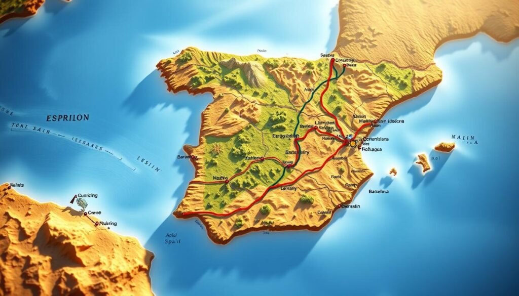 a highly detailed, hyper-realistic map of Spain, showcasing a comprehensive 10-day travel itinerary. The map is rendered in vibrant colors, with intricate topographical features, major cities, and iconic landmarks clearly labeled. The foreground depicts the route, marked by a winding path connecting key destinations, such as Barcelona, Madrid, Seville, and the Balearic Islands. The middle ground features lush landscapes, including mountains, beaches, and vineyards, while the background subtly fades into a subtle gradient, creating a sense of depth and atmosphere. The lighting is natural and warm, evoking a sunny, inviting ambiance. The overall composition and design elements work together to create a visually captivating and informative map that perfectly captures the essence of the "Explore Spain in 10 Days" article. a highly detailed, hyper-realistic map of Spain, showcasing a comprehensive 10-day travel itinerary. The map is rendered in vibrant colors, with intricate topographical features, major cities, and iconic landmarks clearly labeled. The foreground depicts the route, marked by a winding path connecting key destinations, such as Barcelona, Madrid, Seville, and the Balearic Islands. The middle ground features lush landscapes, including mountains, beaches, and vineyards, while the background subtly fades into a subtle gradient, creating a sense of depth and atmosphere. The lighting is natural and warm, evoking a sunny, inviting ambiance. The overall composition and design elements work together to create a visually captivating and informative map that perfectly captures the essence of the "Explore Spain in 10 Days" article.