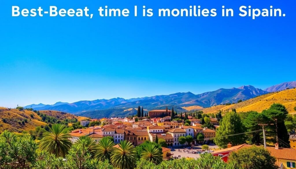a vibrant, sun-drenched landscape depicting the ideal travel months in Spain, showcasing a picturesque Mediterranean scene with a clear blue sky, rolling hills, and lush green foliage in the foreground. In the middle ground, a charming Spanish town with whitewashed buildings, terracotta roofs, and a bustling town square. In the background, the majestic silhouette of the Pyrenees mountains, bathed in warm, golden light. The scene evokes a sense of tranquility, cultural richness, and the perfect balance of relaxation and exploration that embodies the best time to visit Spain.