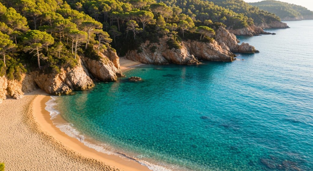 Hidden beach cove on Costa Brava Spain with turquoise Mediterranean water
