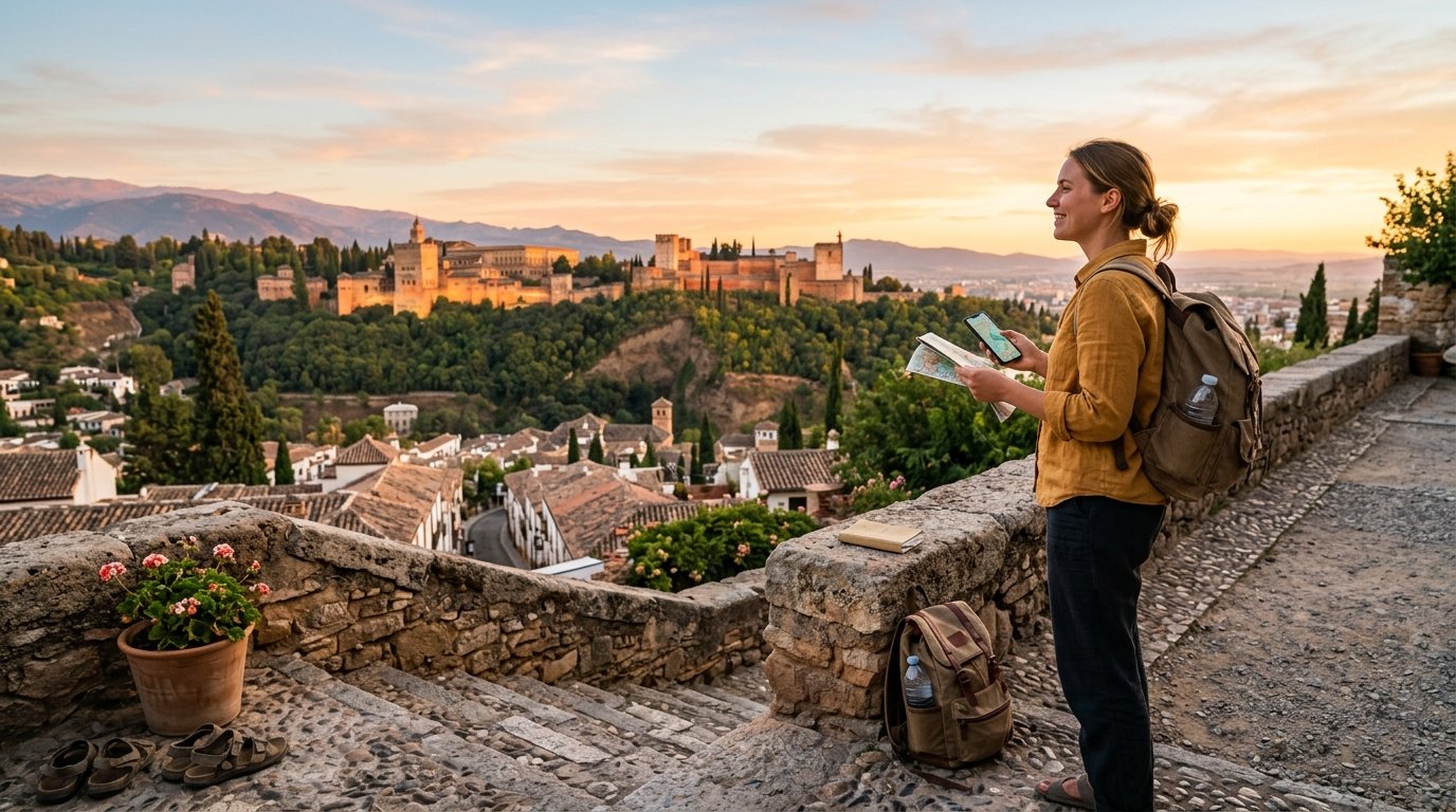 A budget traveler with a backpack admiring architecture in a historic Spanish plaza, symbolizing affordable adventure in Spain for 2026