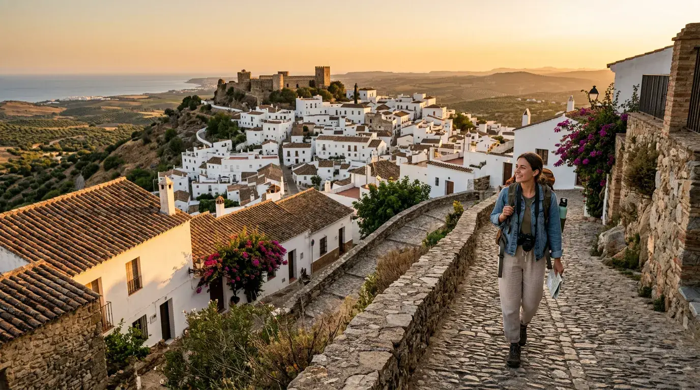 Budget backpacker exploring a Spanish old town with colorful buildings and narrow streets