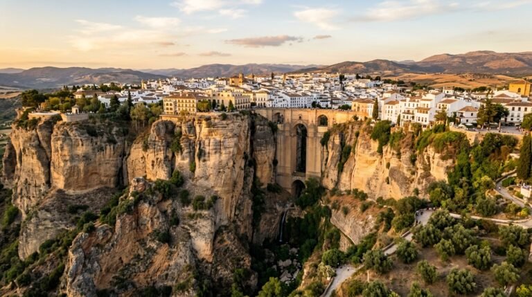 Panoramic view of Puente Nuevo bridge in Ronda Spain at golden hour