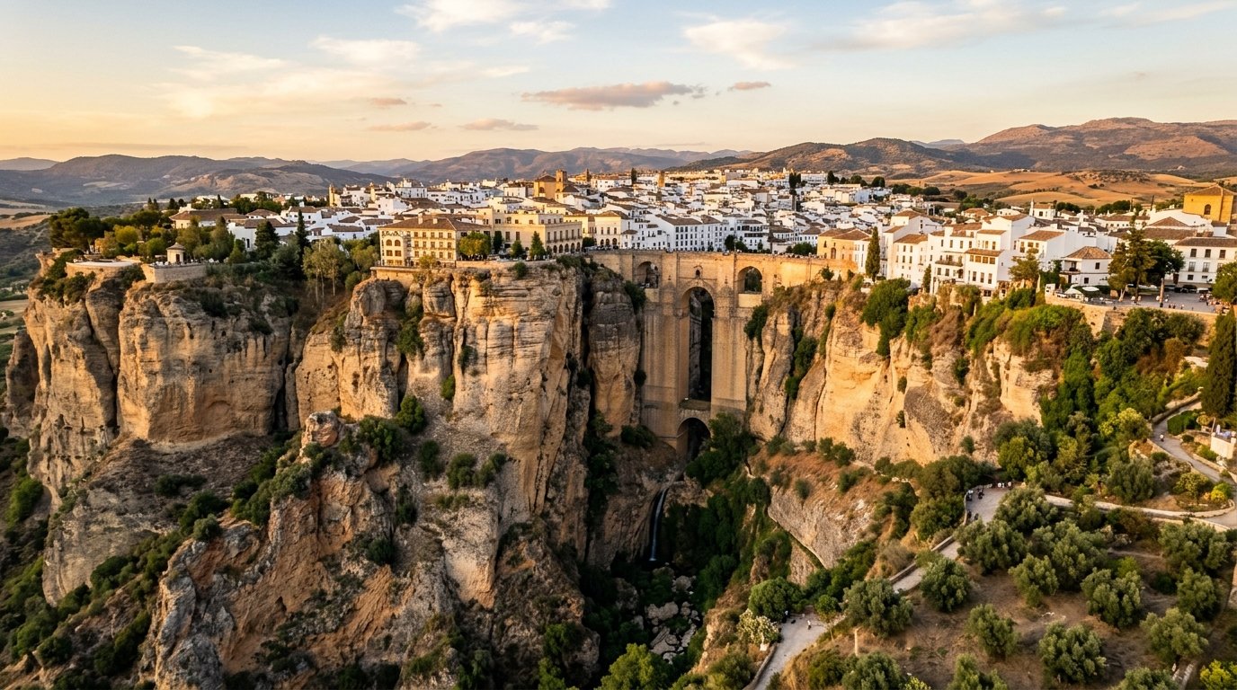 Panoramic view of Puente Nuevo bridge in Ronda Spain at golden hour