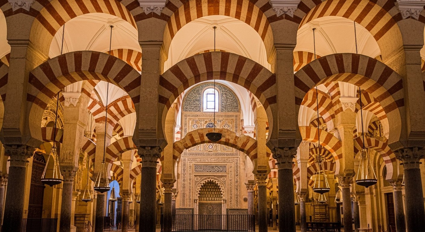 Interior of the Mezquita-Catedral in Córdoba Spain showing red and white horseshoe arches