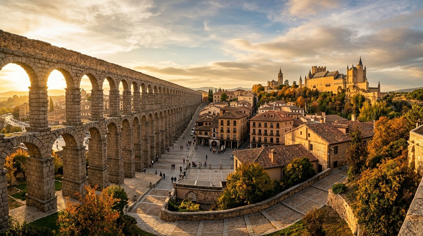 The majestic Roman Aqueduct of Segovia stretching across the city main plaza under a clear blue sky