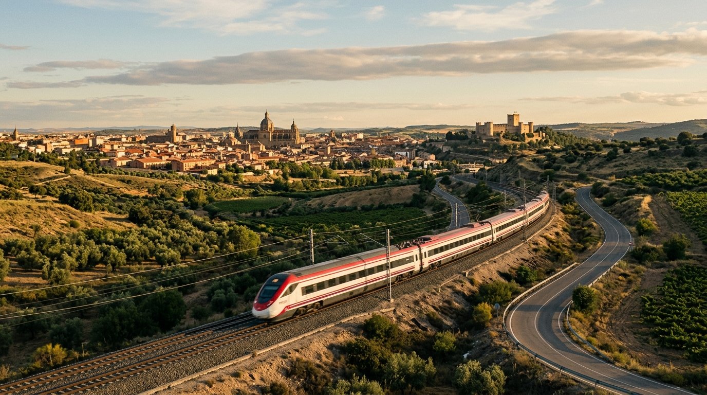 High-speed AVE train speeding through the Spanish countryside between Madrid and Seville