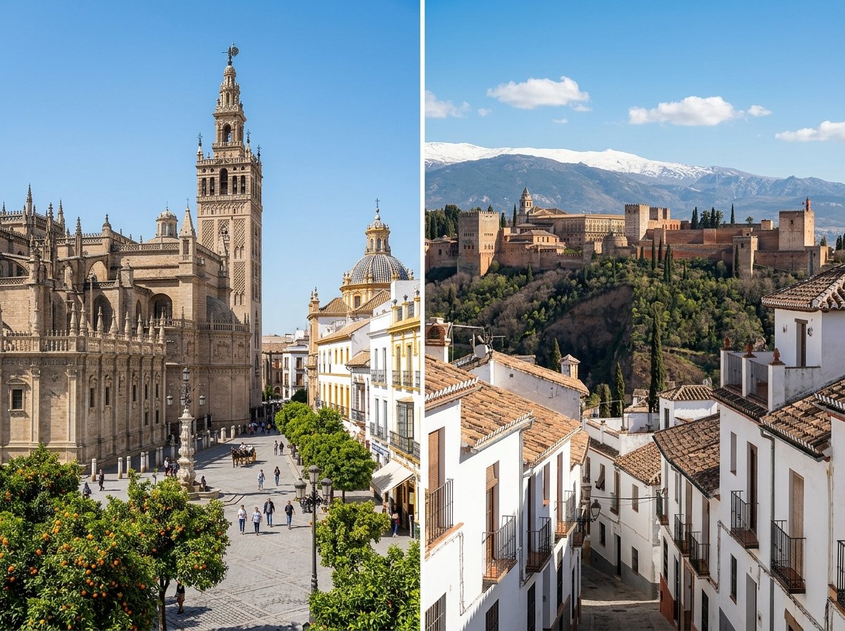 Detailed architectural close-ups: Seville's Alcázar plasterwork and Granada's Alhambra tile mosaics