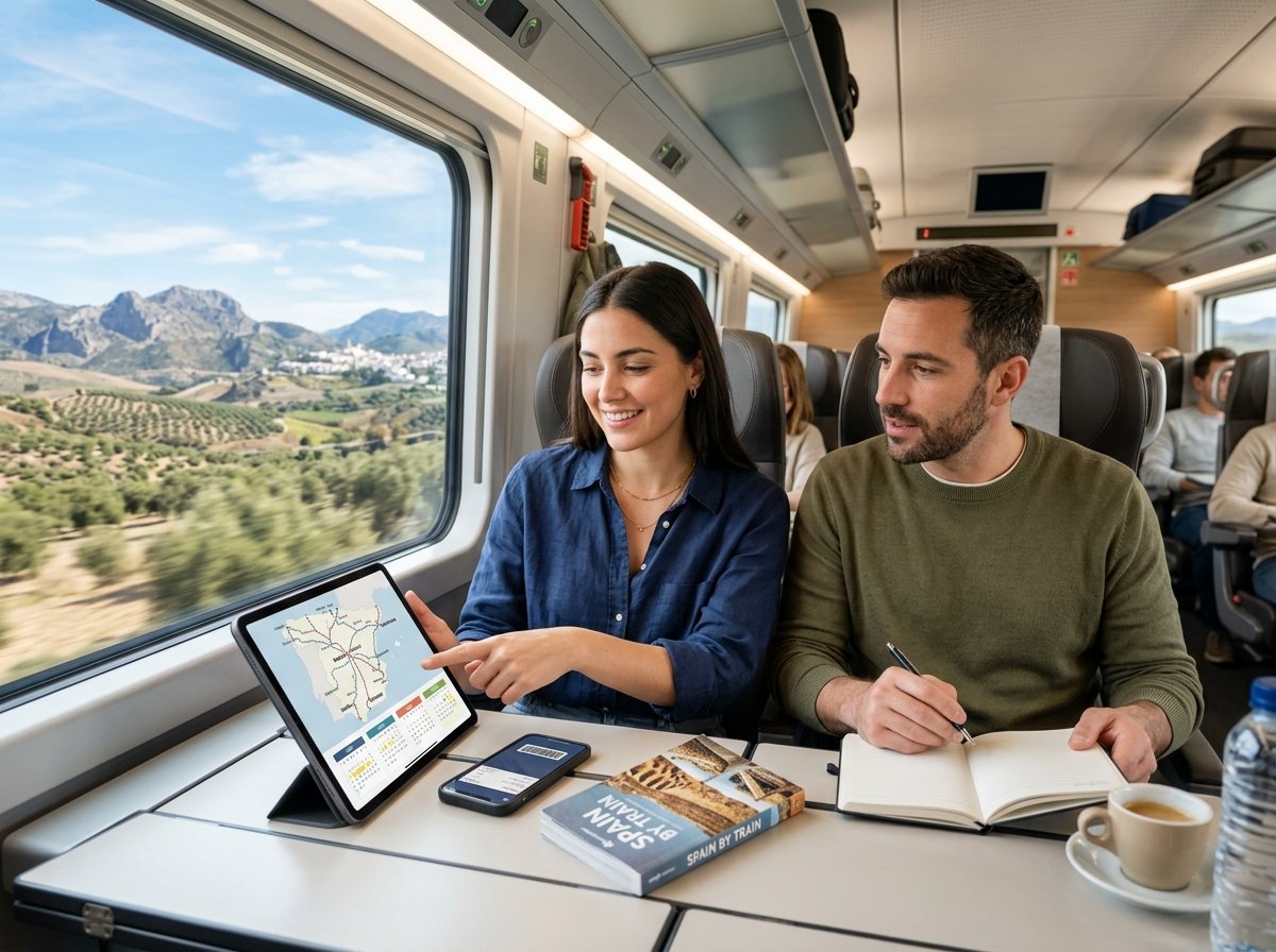 Map of Spain illustrating the clockwise train itinerary from Madrid to Barcelona via Seville, Granada, and Valencia