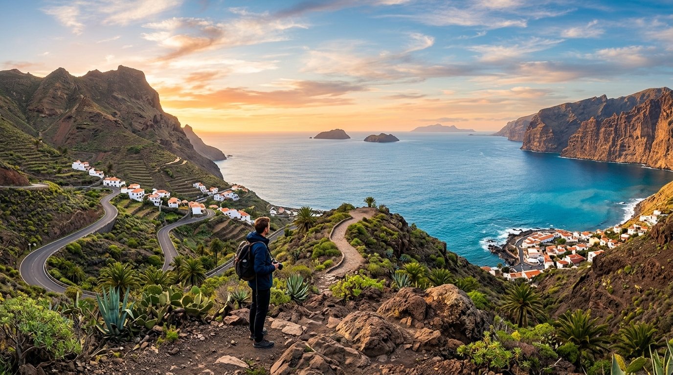 A panoramic view of the Canary Islands coastline showing volcanic cliffs and turquoise ocean