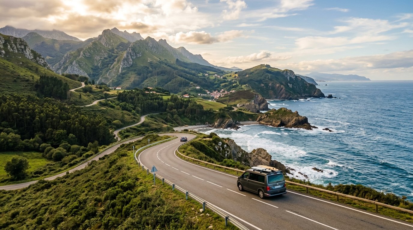 A winding road through the green hills of the Picos de Europa mountains in Northern Spain