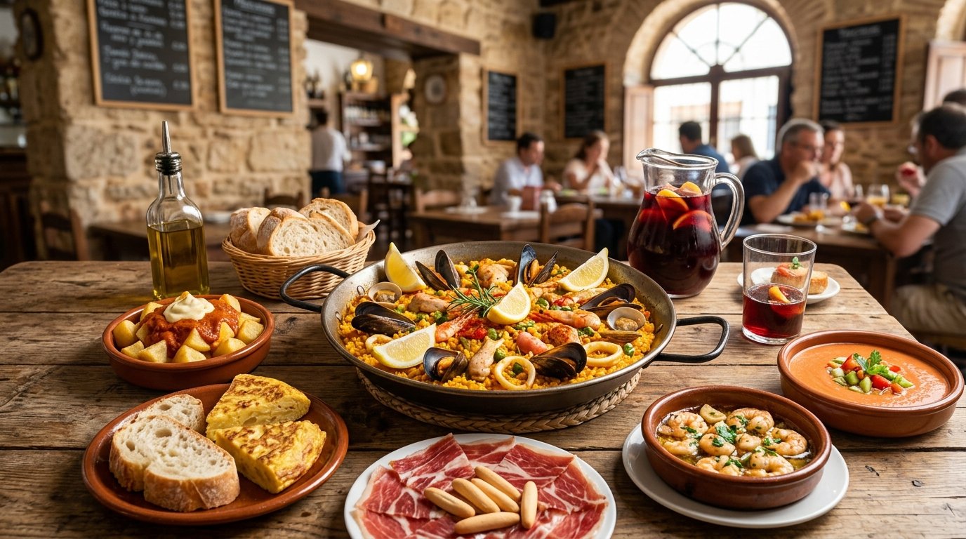 A vibrant collage of traditional Spanish dishes including paella, jamón ibérico, and pintxos on a rustic table