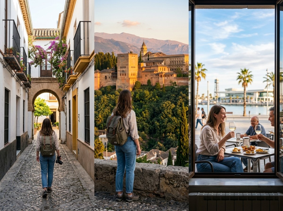 A high-speed AVE train speeding through the Spanish countryside with historic cityscapes in the distance