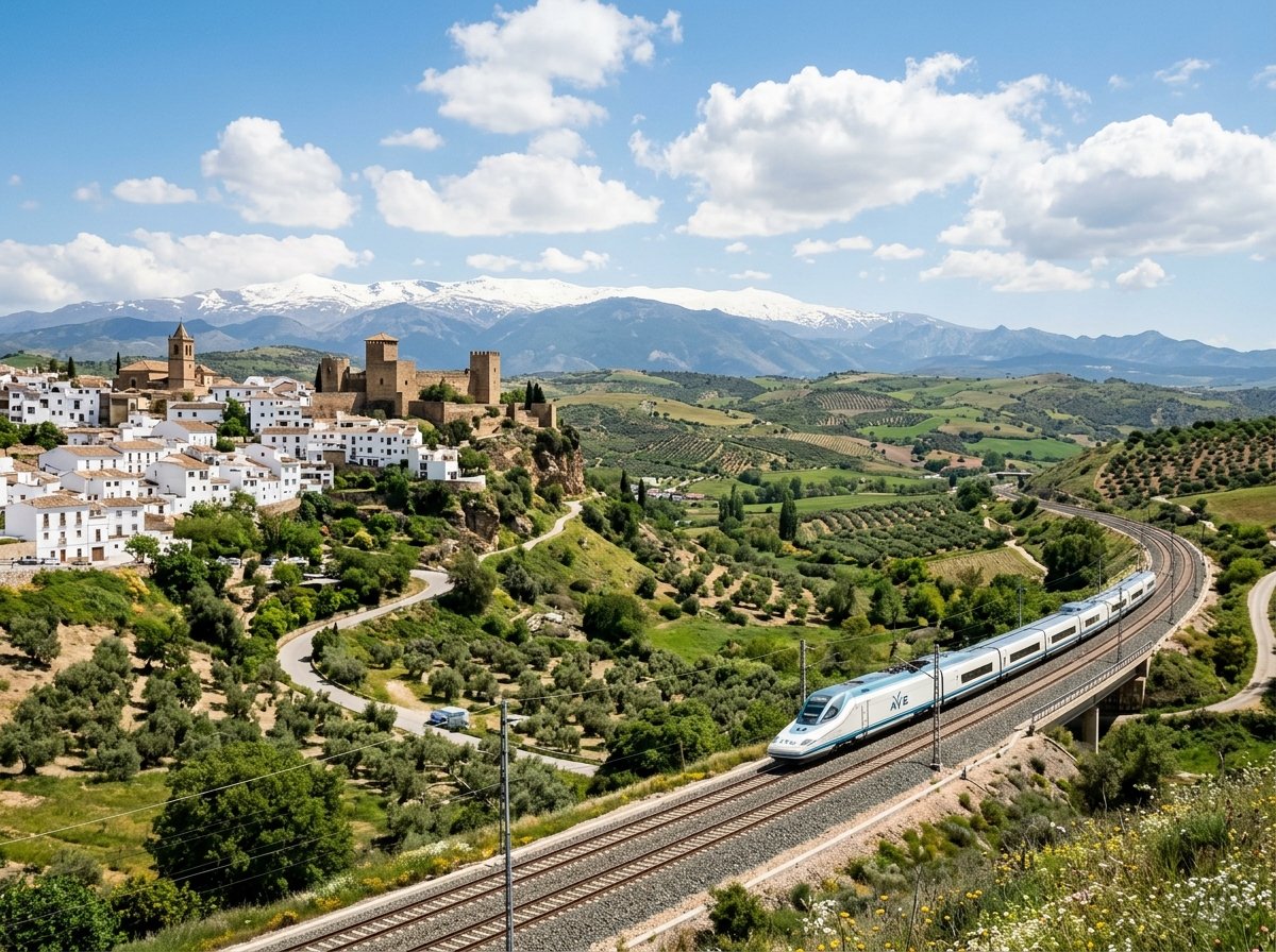 A detailed map illustration tracing the route from Madrid to Toledo, Seville, and Granada with highlights